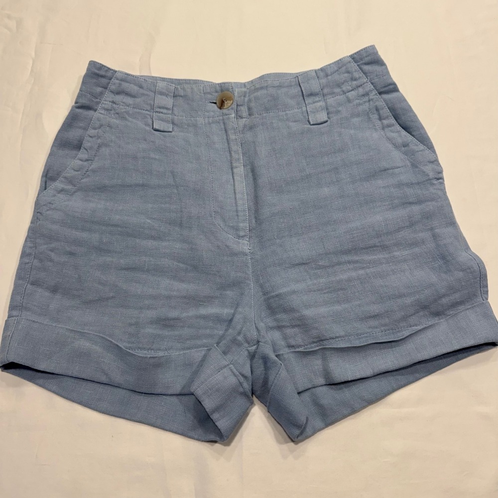 Reiss Linen High Waisted Cuffed Shorts Size 0 USA Light Blue Excellent Condition